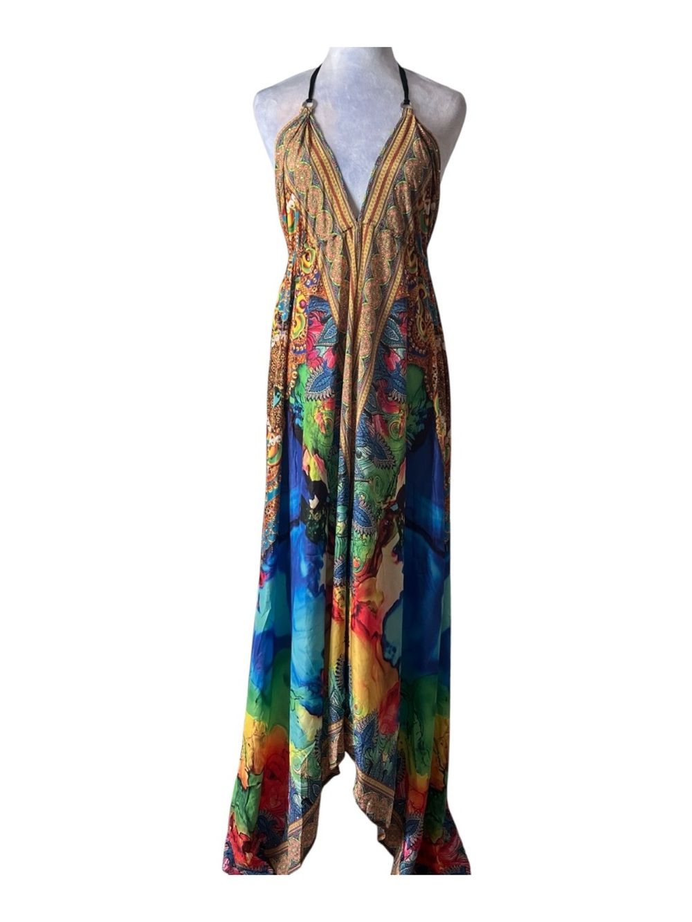 Asha Halter Bohemian Multicolor Halter Maxi Dress with gold crystal RS OS